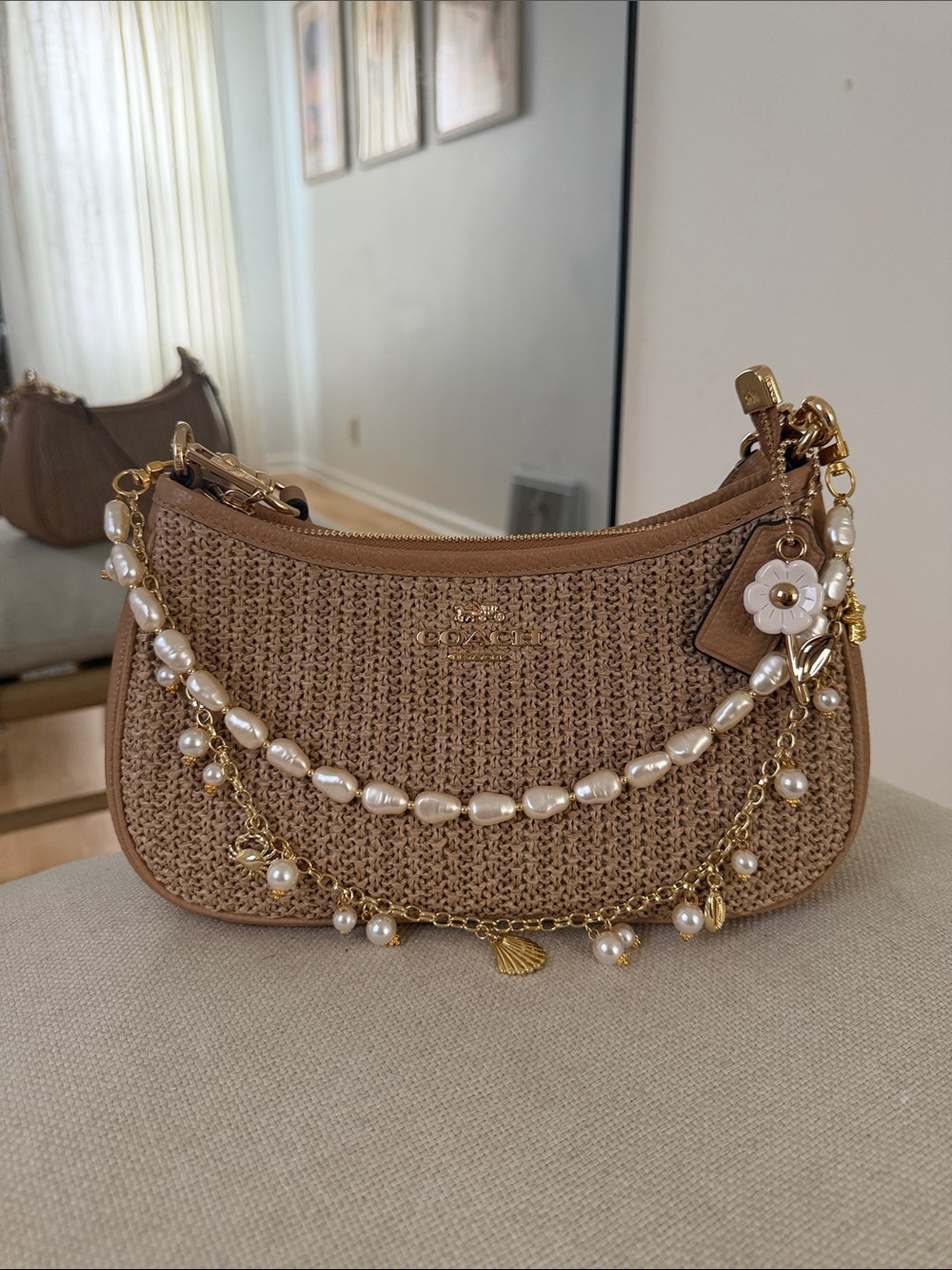 Coach Beige Straw Shoulder Bag with Pearl & Gold Chain Trim